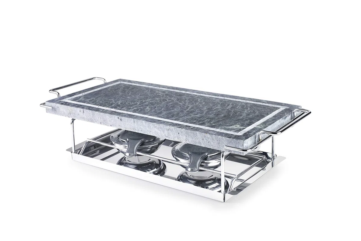 IBILI 755000 Grill Piedra, Acero Inoxidable, Incluye Piedra con Soporte, Bandeja y 2 lamparillas, Plata, 37 x 18 cm
