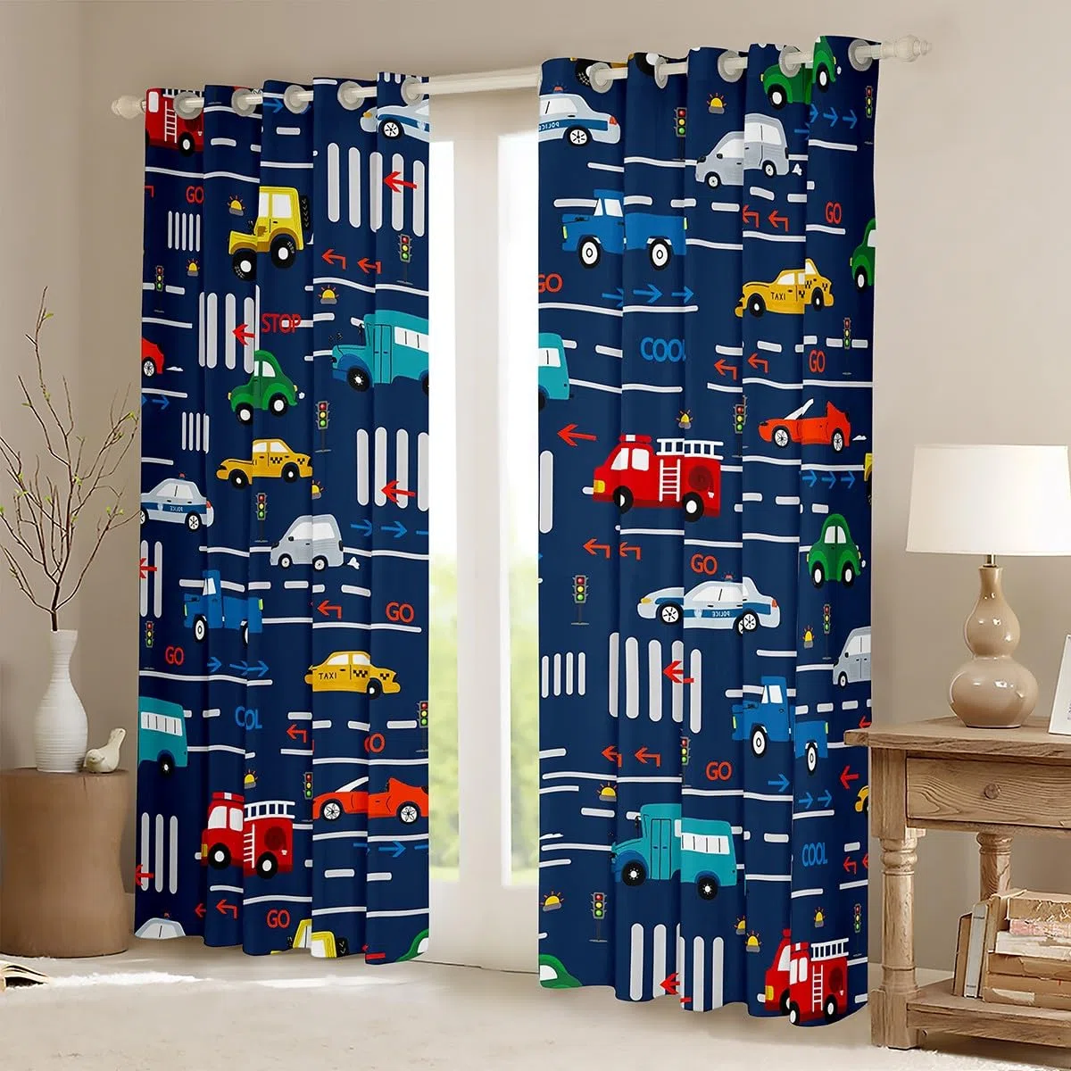 Homemissing Cortinas opacas de coche de dibujos animados (30%-50%) vehículos de transporte cortinas de ventana de camiones de bomberos de dibujos animados para niños y niñas, tratamientos de ventana
