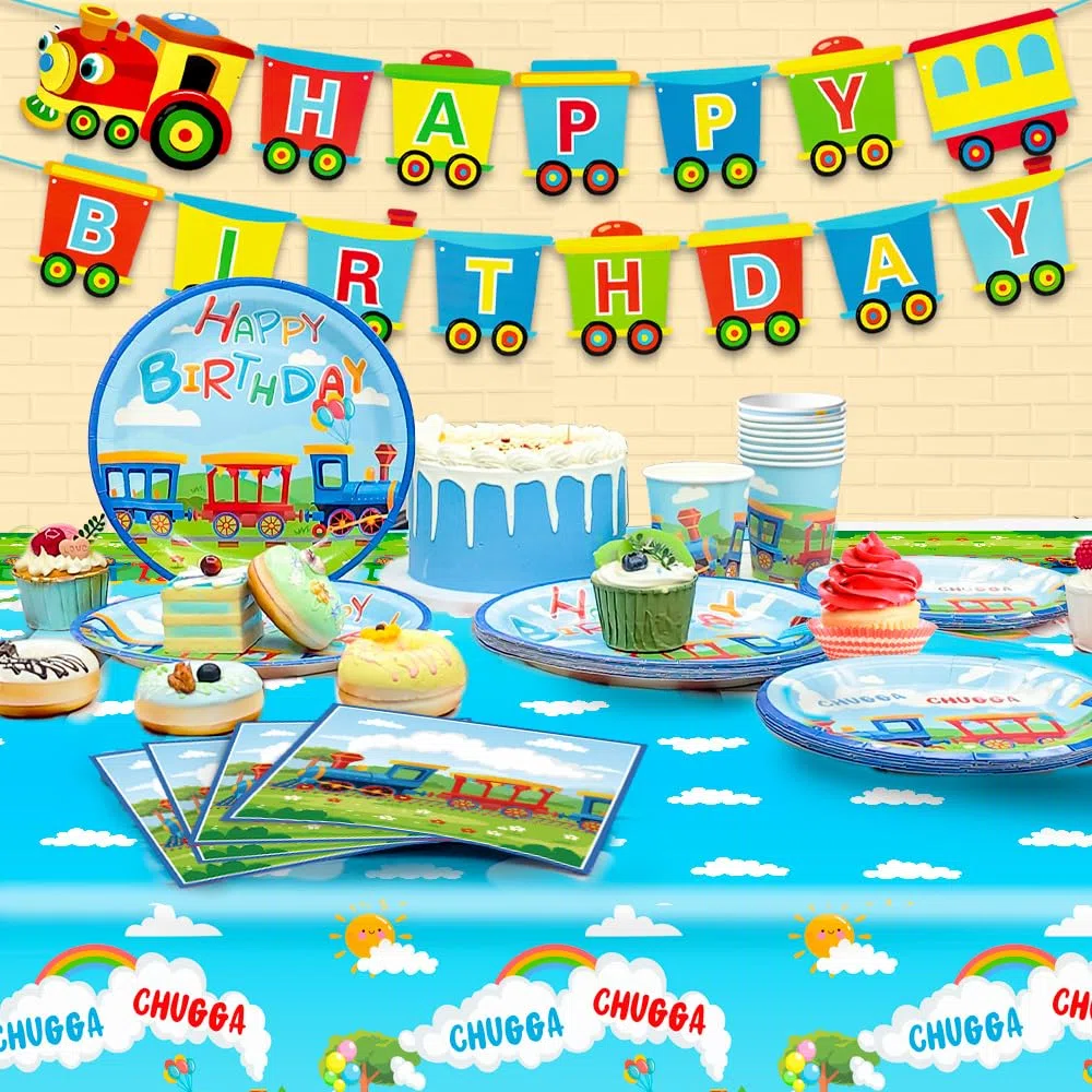 Juego de vajilla para fiesta de cumpleaños, 16 invitados, vajilla de fiesta infantil, cumpleaños, tren o cumpleaños, servilletas, vasos de fiesta, mantel de tren, pancartas, etc. Decoración de