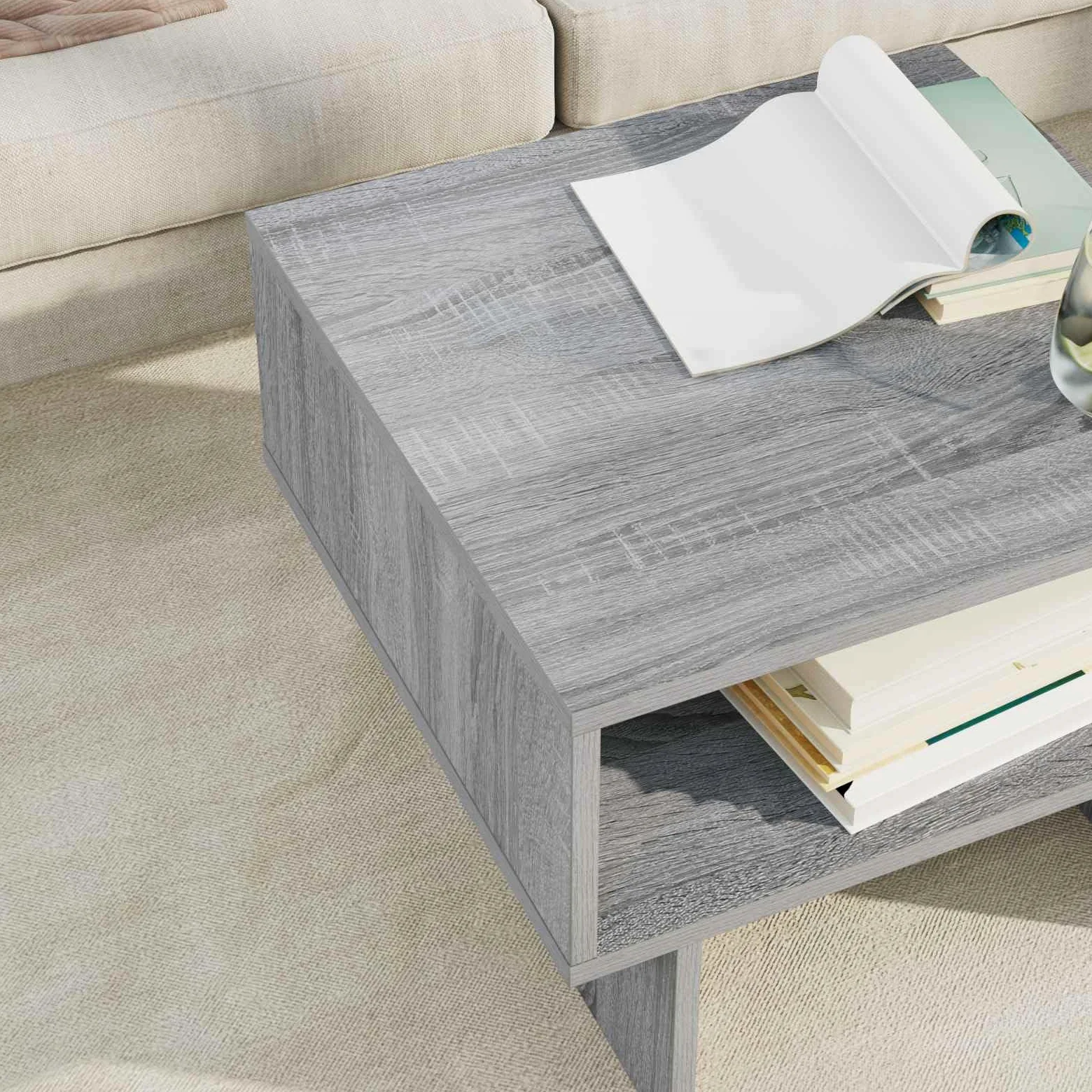 Mesa de centro Sonoma gris 48 x 46 x 35 cm, pequeña mesa auxiliar de madera para salón, moderna mesa de salón con 2 estantes, mesa de sofá compacta
