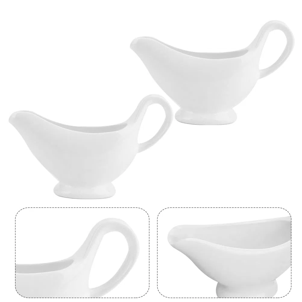 Angoily Juego de 2 salseras de porcelana de 110 ml con asa, recipiente para salsas clásicas con vertido de labios para salsa, aderezos para ensaladas, caldo de leche, crema, zumo de queso,