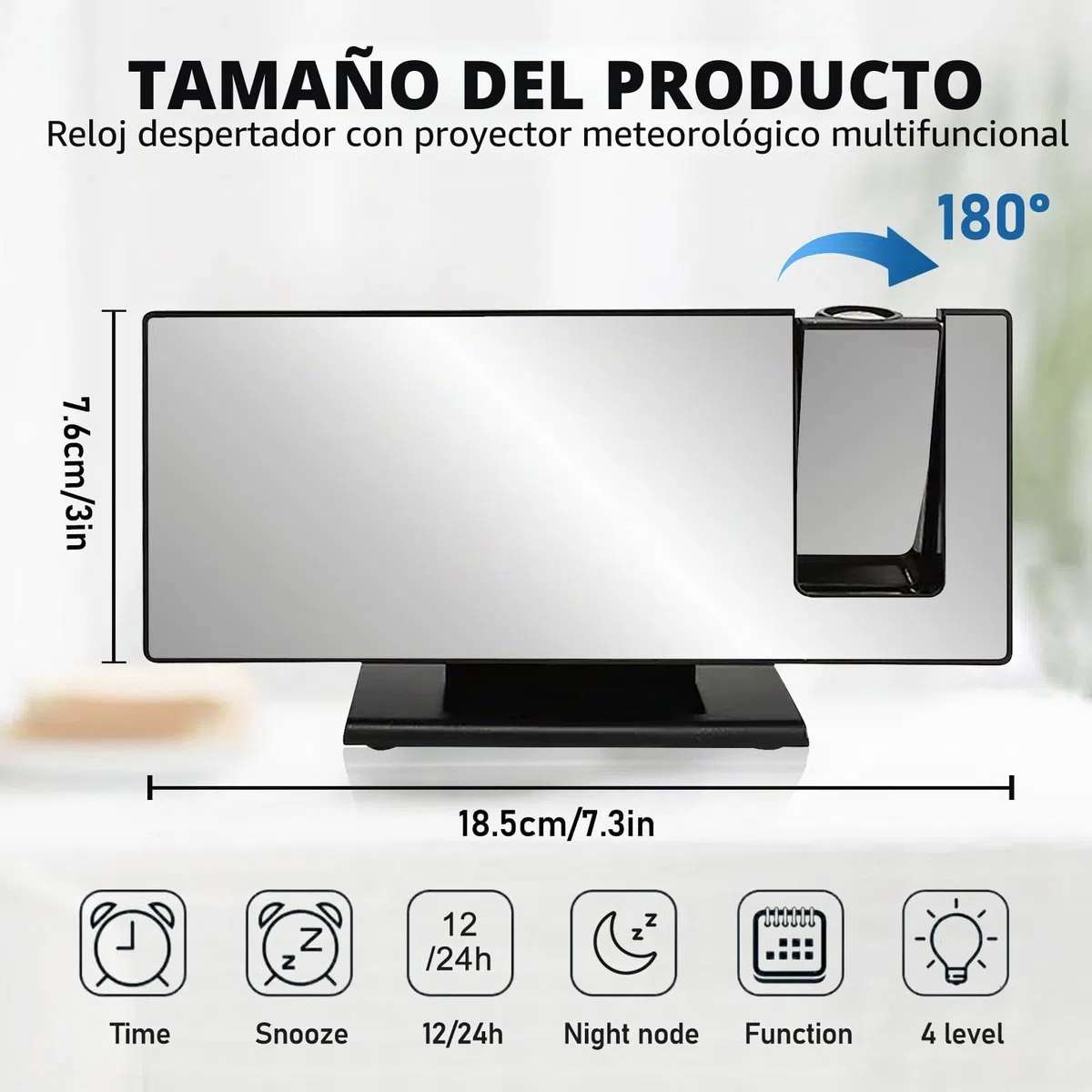 BYZESTY Despertador Proyector Techo, Reloj Proyector Techo, Reloj Despertador Digital, Despertador Inteligente Alimentado por USB, con Gran Pantalla, Temperatura, Snooze, Brillo Ajustable, 12/24H