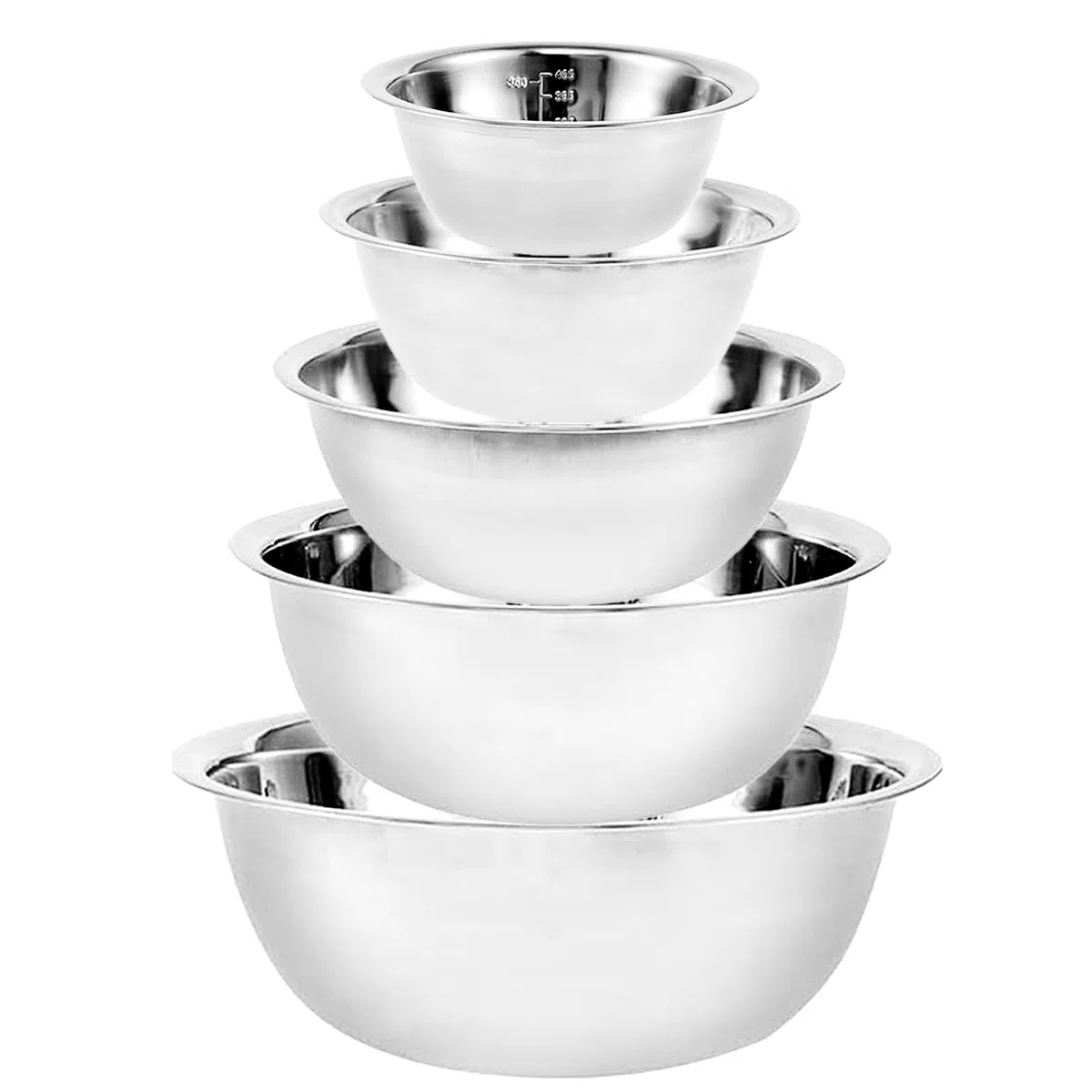 5 Piezas Cuencos de Acero Inoxidable Bol Acero Inoxidable Cocina Ensaladera en 5 tamaños Cuenco de Metal Apilable, 0,6 L, 0,9 L, 1,6 L, 2 L/2,6 L para Hornear, Servir y Picar