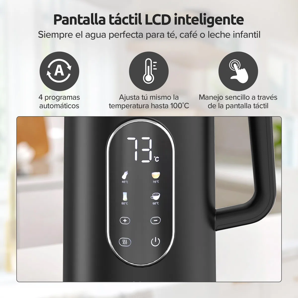 Olvy Hervidor eléctrico 1,7 L de acero inoxidable - Hervidor de agua eléctrico 2200 W con control de temperatura, función mantener caliente, calienta agua eléctrico y filtro antical (negro)