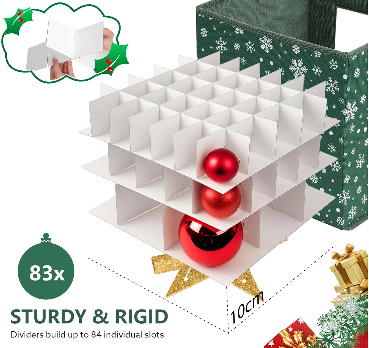 Anstore - Caja de almacenamiento de Navidad grande con tapas en 3 tamaños divisores, caja de almacenamiento de adornos de Navidad de 83 compartimentos con asa de transporte y ventana, almacenamiento