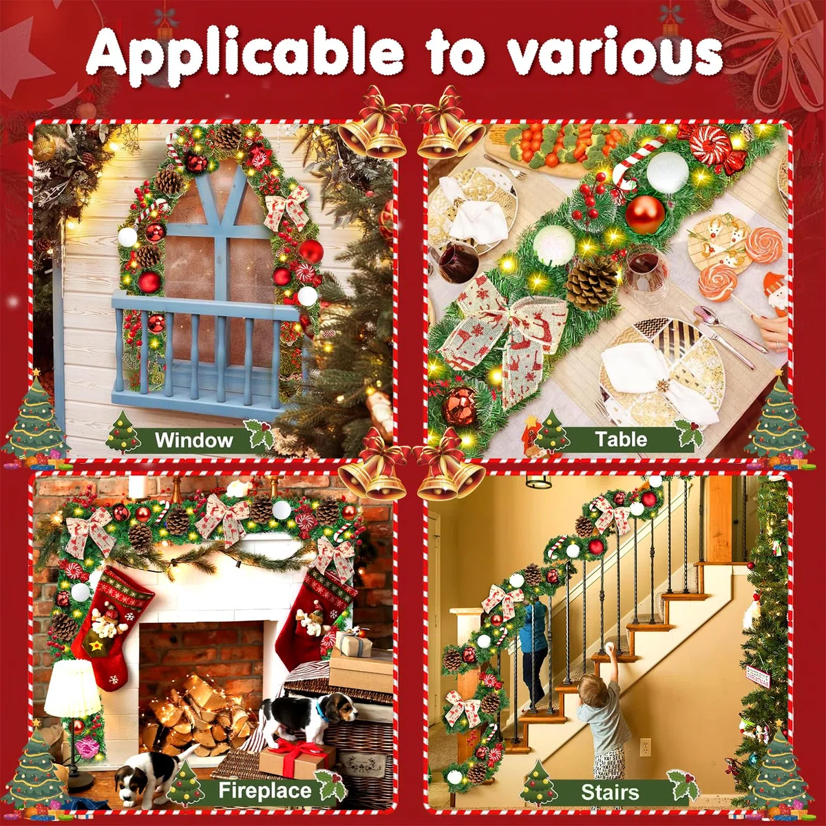 Guirnalda de Navidad 2.7m Artificial con 45 Adornos y 50 Luces LED - Decoración Navideña para Interiores/Exteriores y Patios