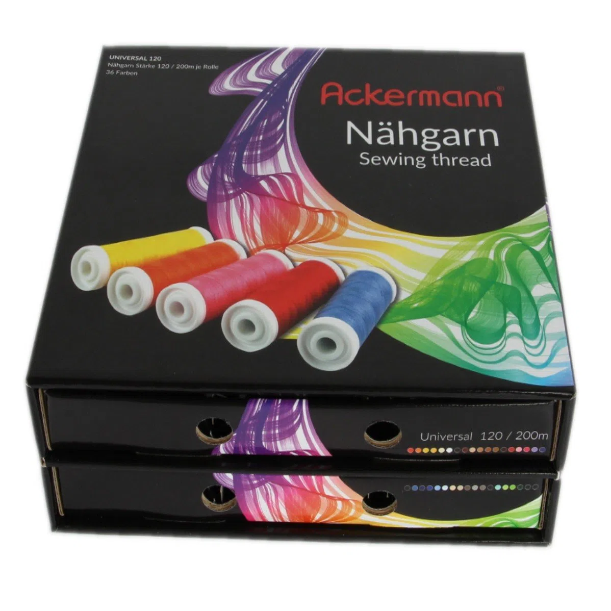 Ackermann 36 Colores x 200 m Universal 120 Hilos de Coser (Todo en uno) en una práctica Caja Universal de 120 Hilos de Coser. Surtido de Hilos de Coser.