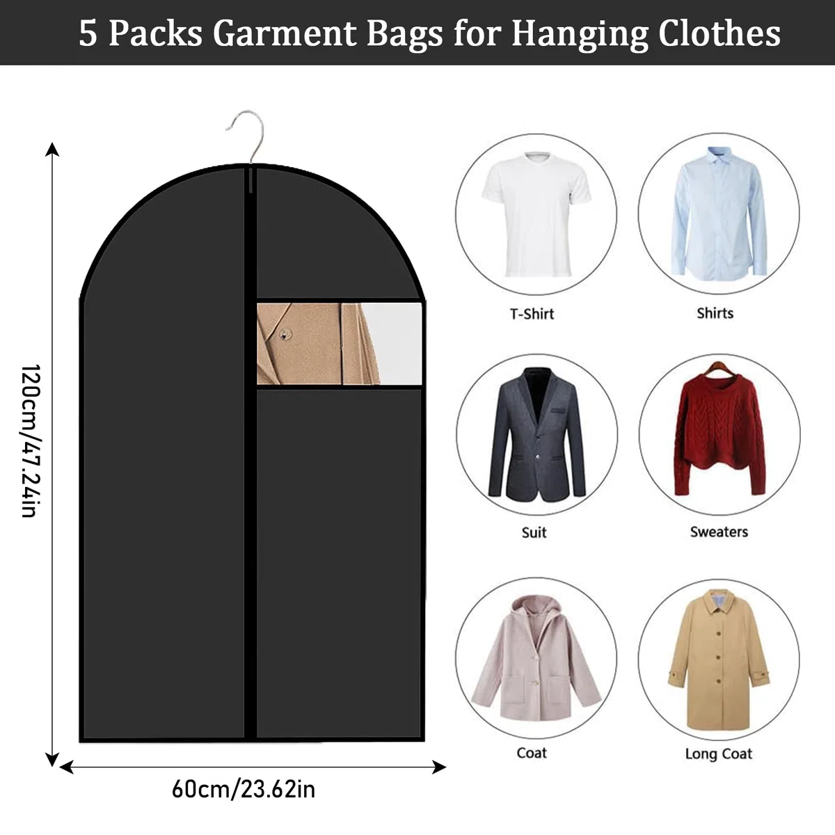 5 Piezas Fundas de Ropa 60 x 120 cm Protector de Ropa Transpirable Colgante Funda Antipolvo Plegable con Cremallera Bolsa Guardar Ropa Antipolvo Impermeable con Humedad, para Trajes,Vestidos,Camisas