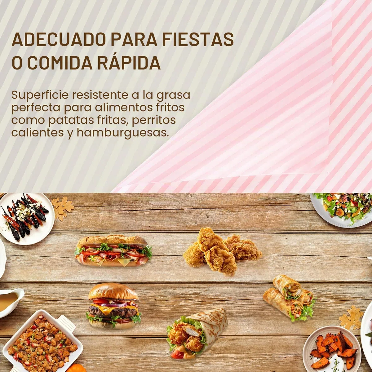 QUARKZMAN 100pcs Papel Antigrasa a Rayas, Papel Cuadrado para Envolver Alimentos Encerado Decoraciones de Fiesta Navidad Pinic para Fritas Hamburguesa Sándwiches, Rosa,30x30cm
