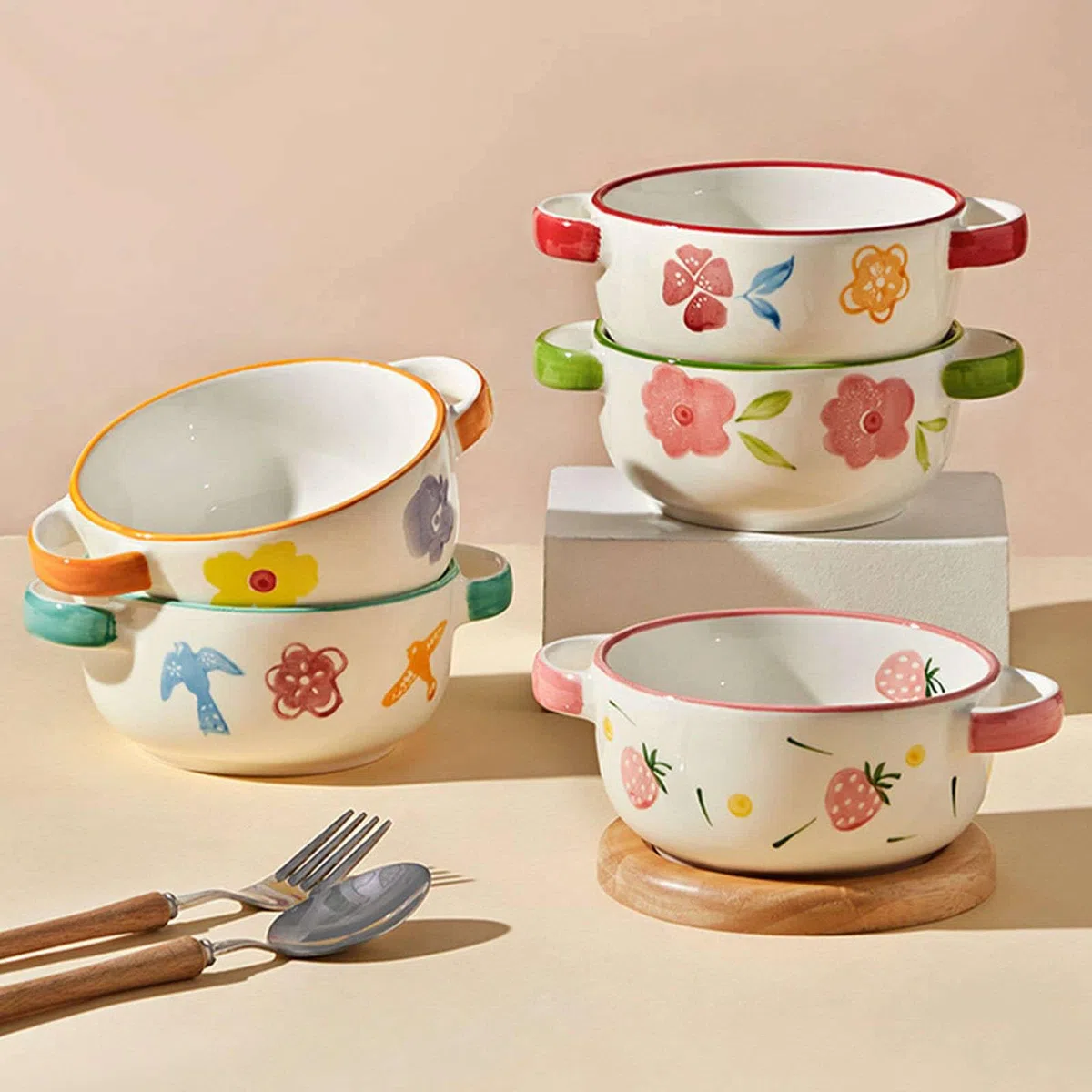 Tazón de sopa de cerámica con asas, diseño floral pintado a mano, apto for microondas y lavavajillas, for sopa, cereales, pasta y ensaladas(Orange)