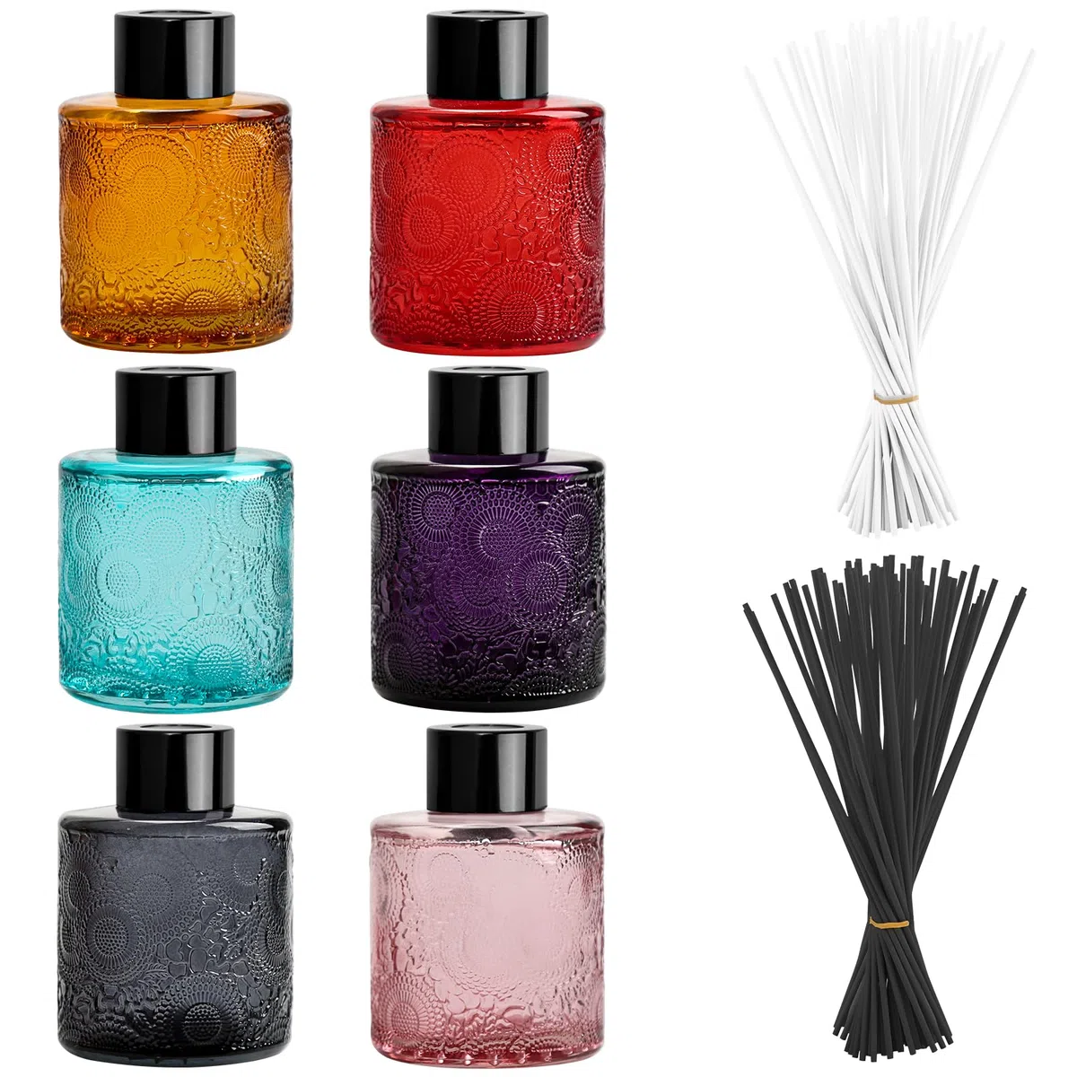 6 Pcs Difusor de Aromas de Colorido Ambientador Varillas 25Pcs Negras & 25Pcs Blancas, Diseño en Relieve Difusor Botellas con Varillas de Incienso, Difusor Aceites Esenciales Botellas