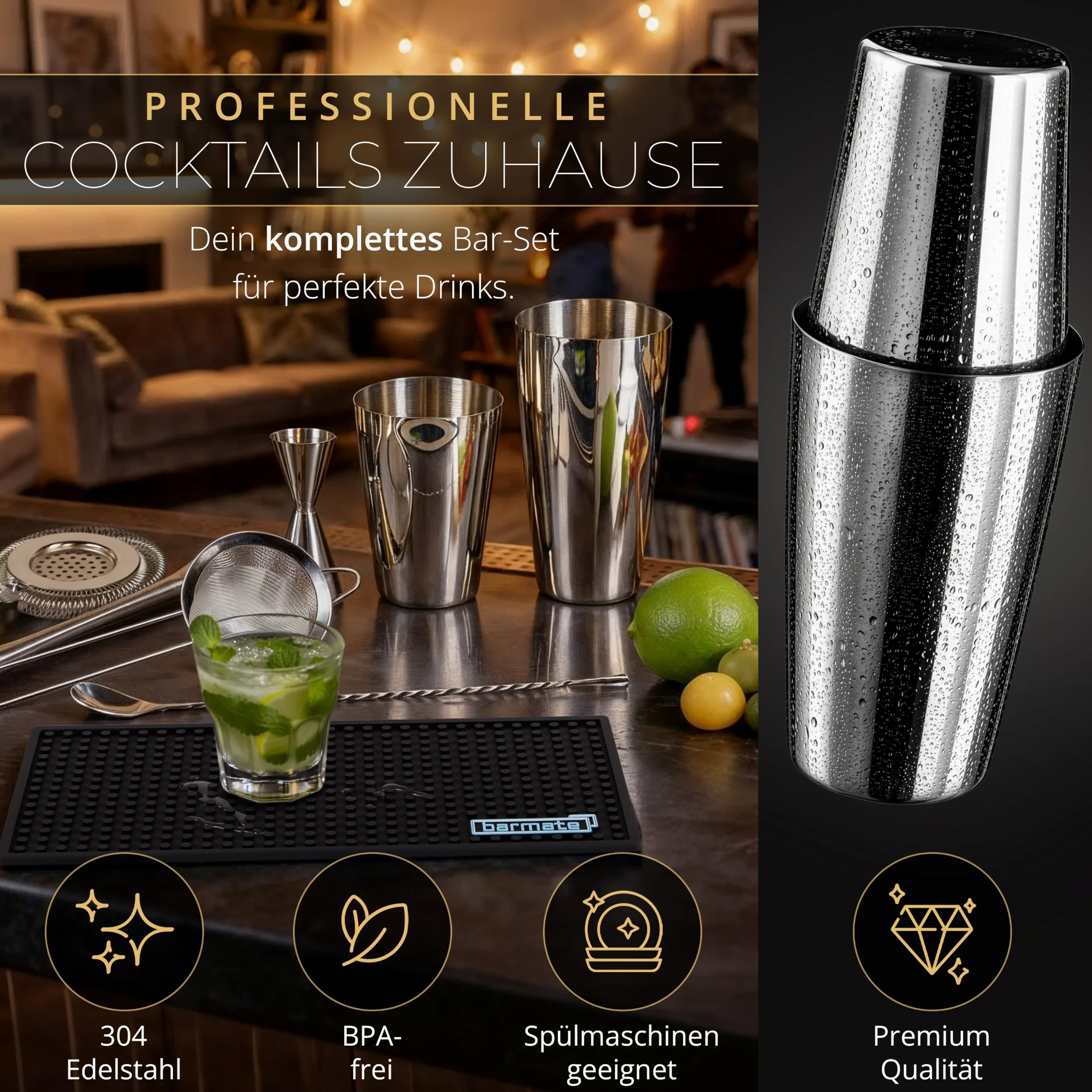 Juego de coctelera de acero inoxidable Boston, Pack Coctelería Cocteles, 7 piezas, compuesto por coctelera, jigger, cuchara de bar, 2 cocidos, muddler y estera de bar