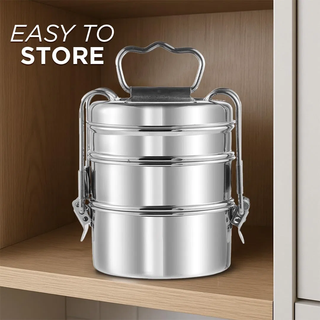 Kraft - Fiambrera de acero inoxidable con 3 compartimentos y asa, 2440 ml, con tapa, a prueba de fugas, para oficina, escuela, contenedor de alimentos, ideal para hombres y mujeres, color plateado