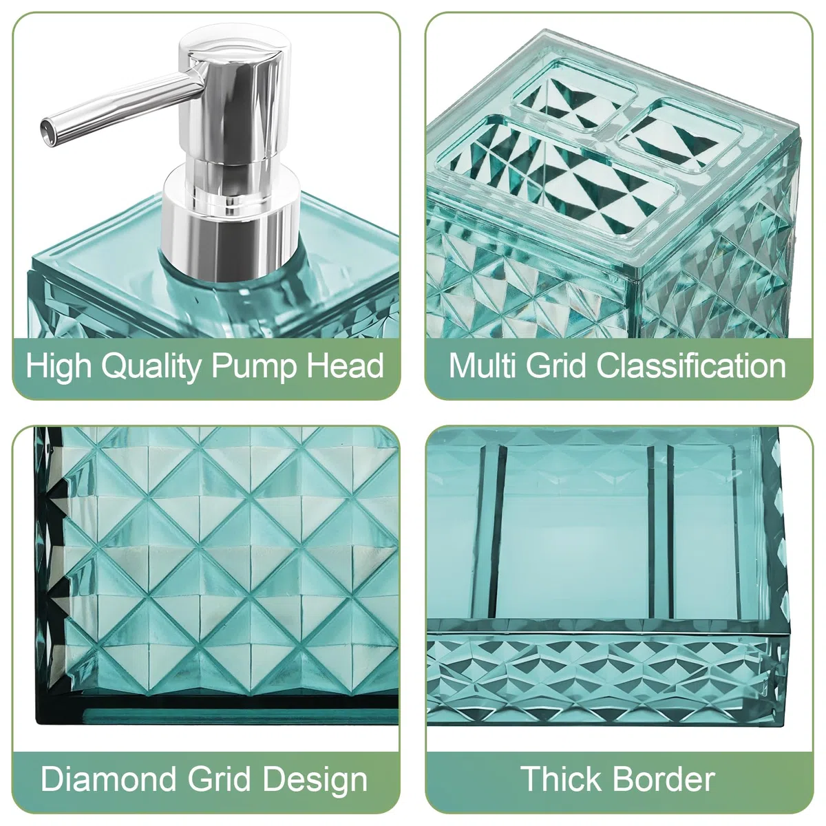 Juego de 4 accesorios de baño, juego de accesorios de plástico transparente azul, dispensador de jabón, soporte para cepillo de dientes, soporte Qtip y jabonera