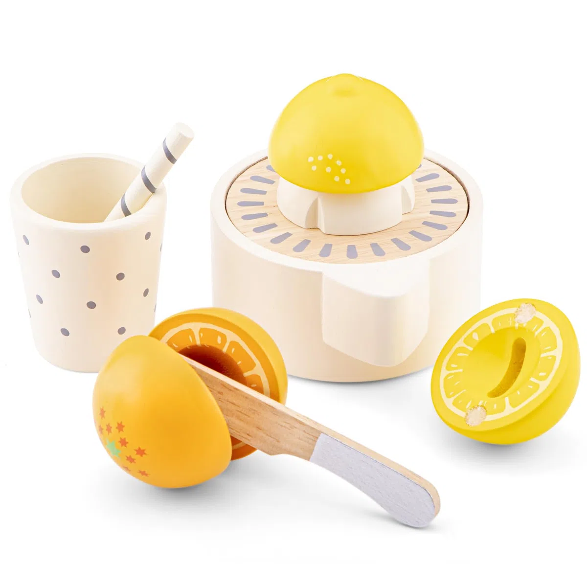 New Classic Toys Woet® Set Exprimidor de Cítricos de Juguete de Madera para Niños - Electrodoméstico de Cocina de Imitación - con Rodajas de Naranja y Jarra - A Partir de 3 Años