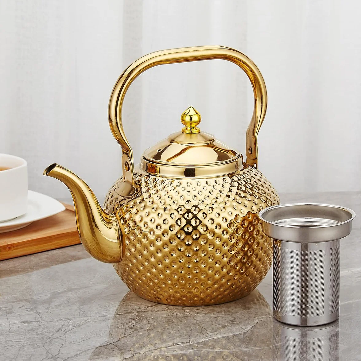 SANQIAHOME 1,2 litros Tetera de acero inoxidable con Filtro para infusiones extraíble,Cafetera, dorado