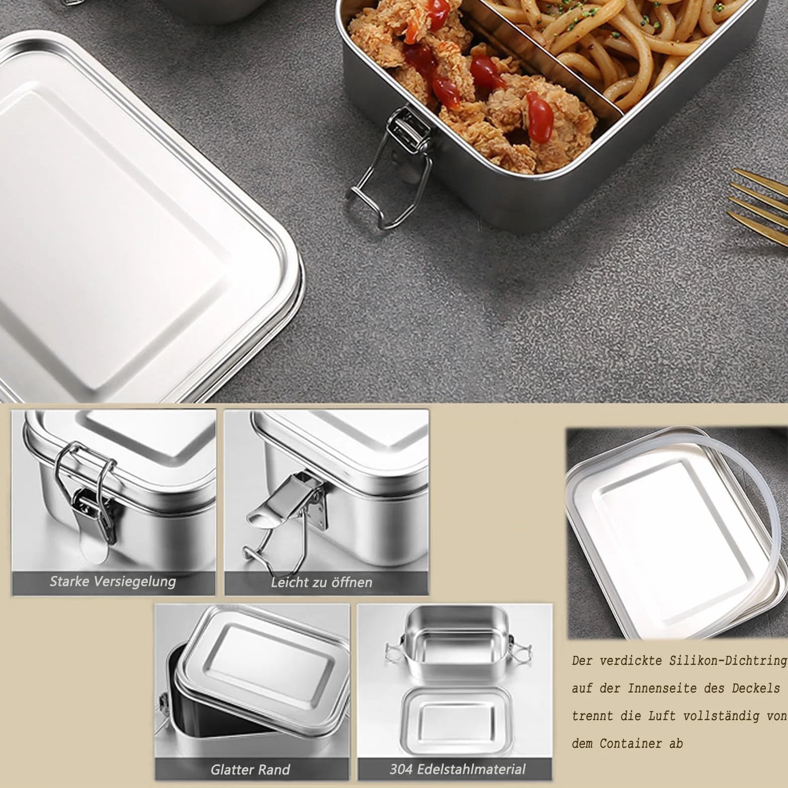 Juego de 4 cajas de acero inoxidable 304 para alimentos, ensaladas y comidas restantes, a prueba de fugas, de acero inoxidable grande (550 x 2/850/1400 ml)