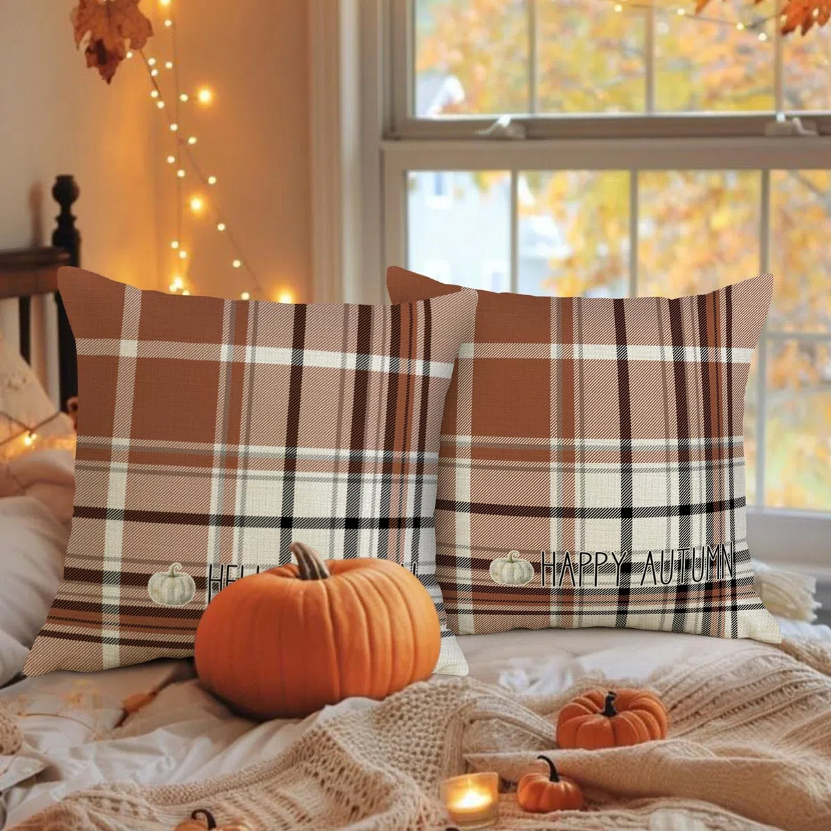 Benjia Juego de 2 Fundas Cojin Otoño 40x40 cm, Acuarela marrón, Blanco y Negro a Cuadros Fundas de Almohada día de Gracias Halloween sofá Decoración Hogar 40 x 40 cm de Almohada de Vacaciones