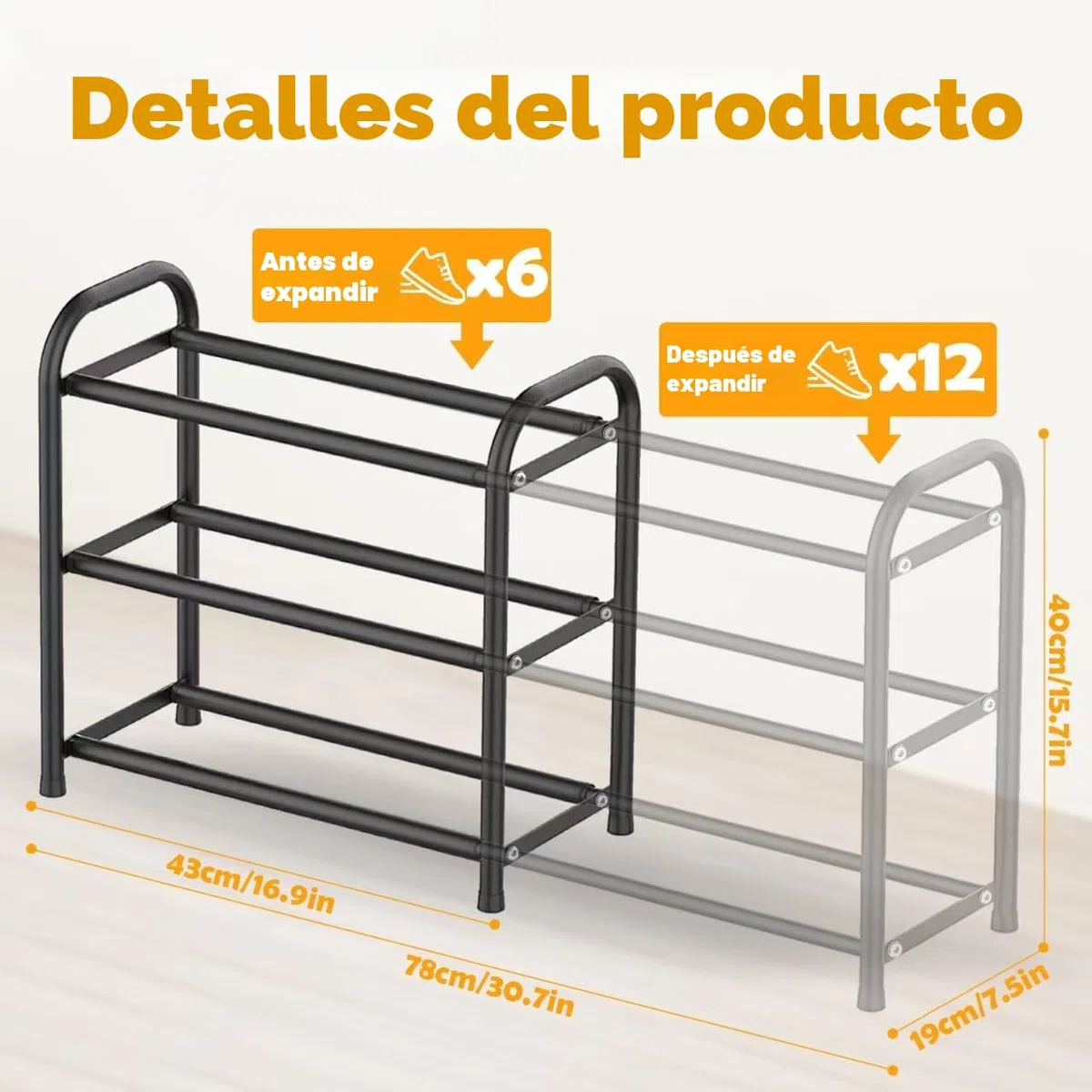 Zapatero Extensible de 3 Niveles, Estanteria Zapatos de Metal Ajustable de 43-78 cm, Shoe Rack Zapateras para 6-12 Pares de Zapatos, Zapatero para Armario Interior, Entrada, Baño, Puerta