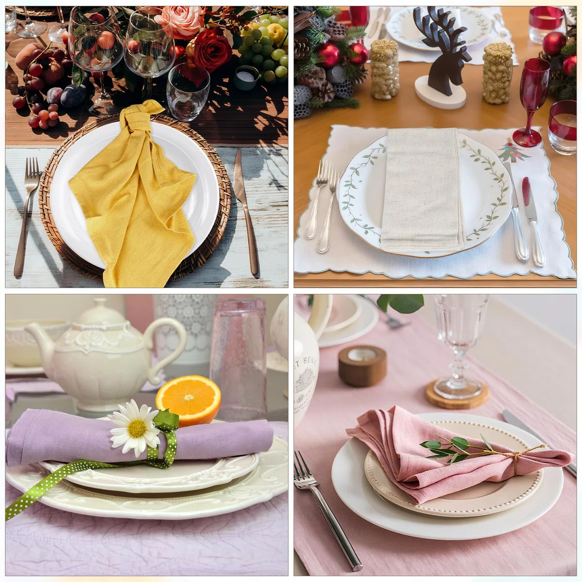 Juego de 6 servilletas de lino Servilletas reutilizables de tela Lavables en algodón 40x40cm para eventos y uso doméstico (malva pálido, beige, blanco, mostaza, rosa empolvado, verde guisante)