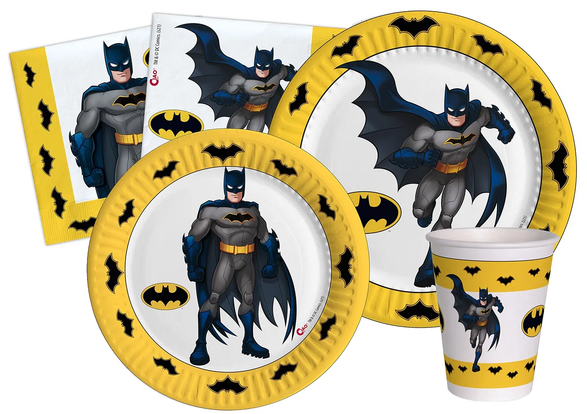 Ciao - Kit Vajilla de Fiesta Batman para 24 personas (112 pcs: 24 platos Ø23cm, 24 platos Ø18cm, 24 vasos 250ml, 40 servilletas 33x33cm) de papel compostable eco-friendly