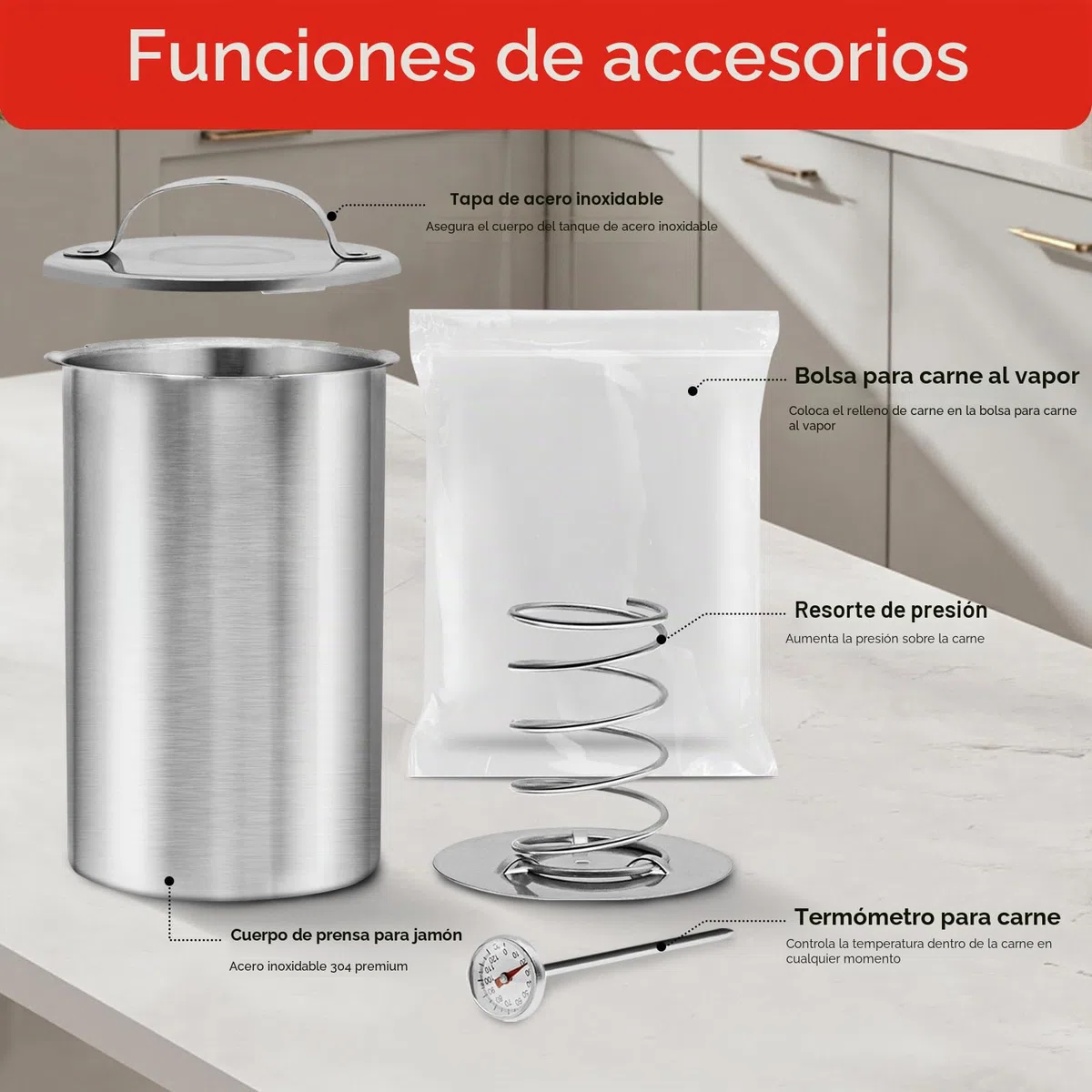 Molde de prensa de carne para carnes delicatessen de acero inoxidable, molde de prensa de jamón con termómetro y 20 bolsas de cocina para hacer carne casera saludable