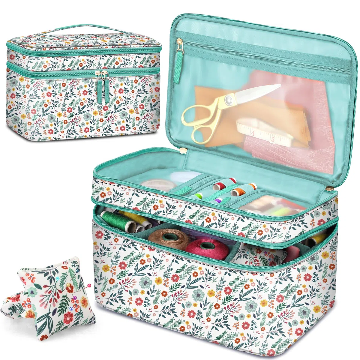 FINPAC Bolsa para Kit de Costura, Doble Capa Organizador de Accesorios de Costura, Costurero Grande para hilo, agujas, tijeras y otras herramientas de costura (Solo Bolsa) (Primavera)
