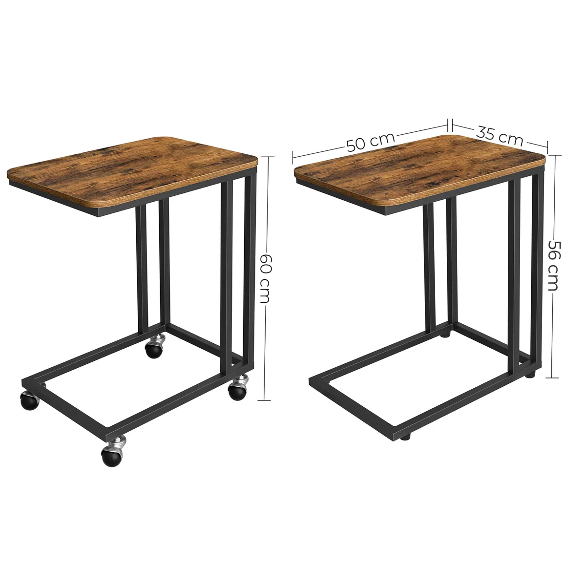 VASAGLE Juego de 2, Mesa Auxiliar de Estilo Industrial, Mesa Lateral con Ruedas y Pies Ajustables, para Dormitorio, Marco de Acero, Fácil de Montar, Marrón Rústico y Negro LCT644B01