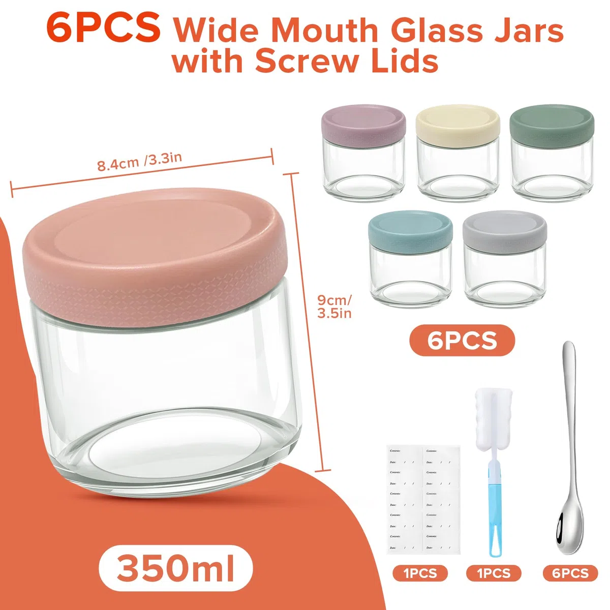 Mssushi 6 Piezas Tarros de Cristal,350ml Tarros de Avena con Tapa Hermética de Rosca,Vasos yogurtera,reutilizables para yogur,gachas,Avena Durante La Noche,Ensalada,cereales,6 cucharas