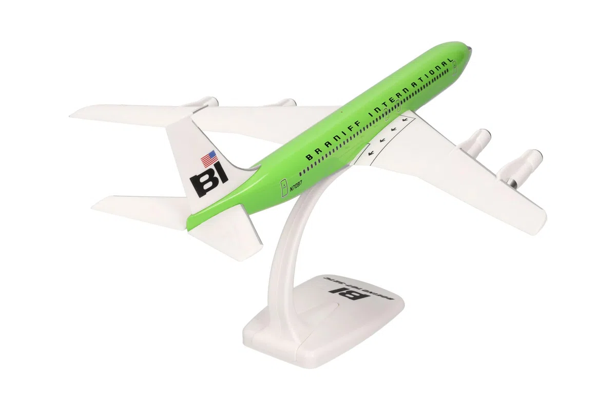 Herpa Miniatura del avión Braniff International Boeing 707-320 - Snap-Fit, Escala 1/144, Modelo prefabricado, maqueta de colección, modelismo, avión con Soporte, Figura plástico