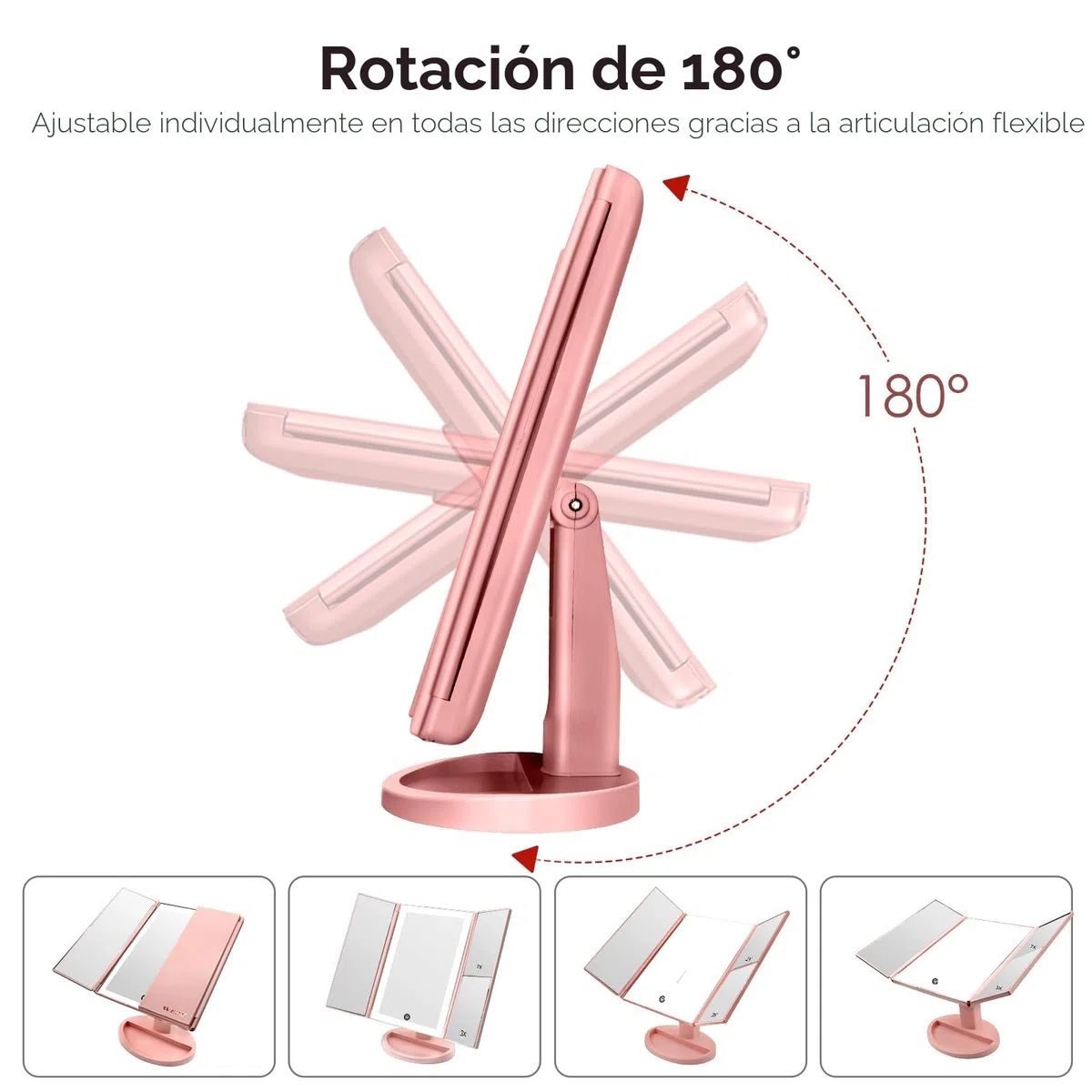 WEILY Espejo Maquillaje con Luz, Espejo Aumento con 1X/2X/3X, Espejo Led Plegable con 36 LED y Pantalla Táctil, Espejo de Mesa Soporte USB y Batería (Oro Rosa)