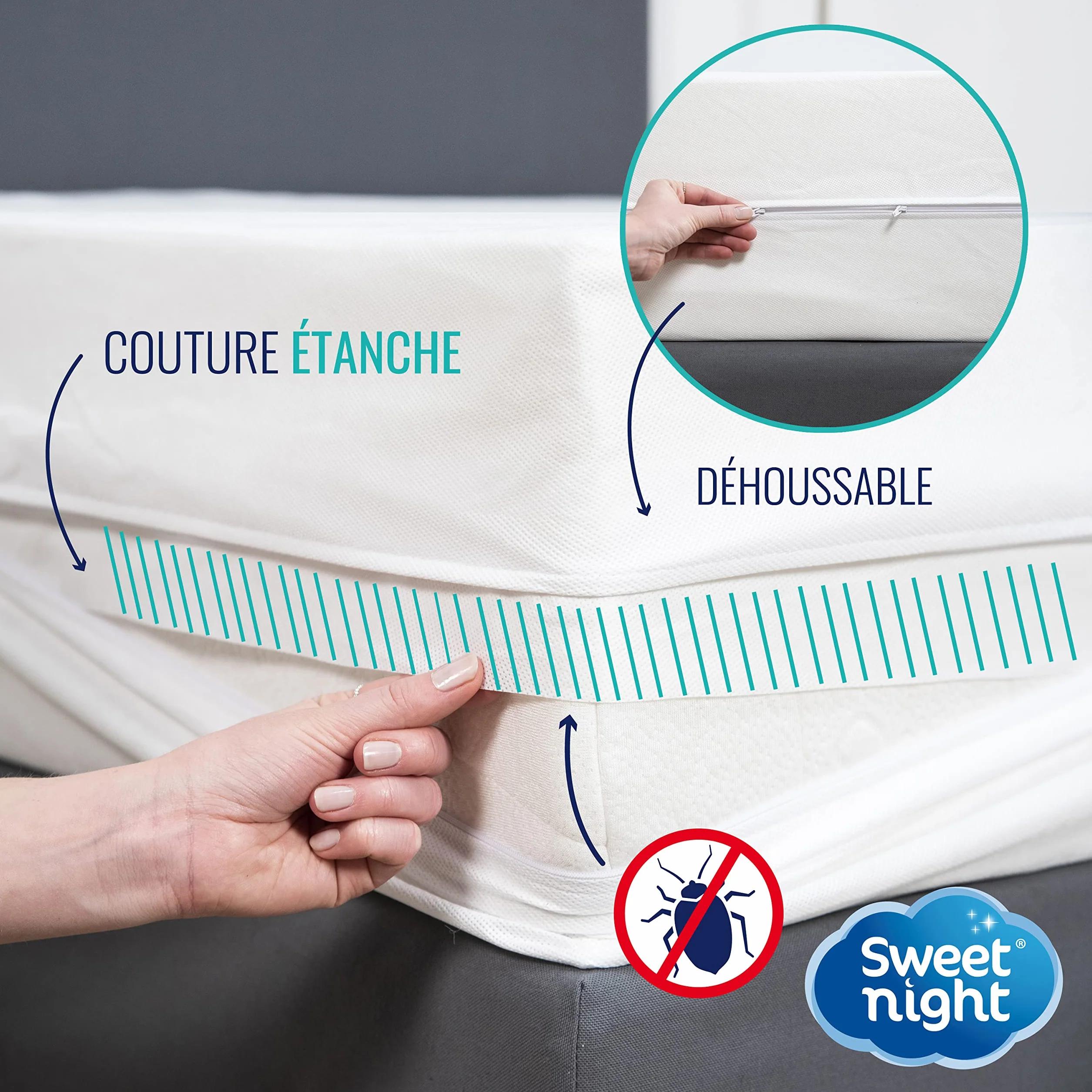 Sweetnight - Funda de colchón Completa 150x200 cm | Anti-Chinches y Anti-ácaros | Protege Completamente tu colchón | Silencioso | Cremallera | Sin Tratamiento químico | Espesor de hasta 25 cm