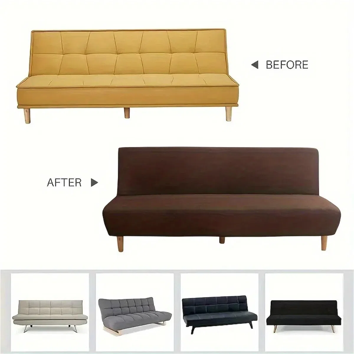 Funda elástica for sofá Cama sin Brazos, Funda for, Color Liso, Plegable, con Base(Beige,L 190-210cm)