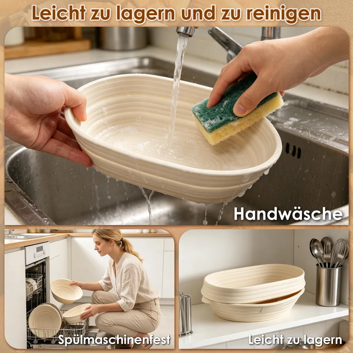 FIVAVA Cesta de Fermentación para Pan, 25 cm Redondas y 24 cm Ovaladas Banneton Cestas para Pan de Silicona,con Cuchillo de pan,Batidor de Masa
