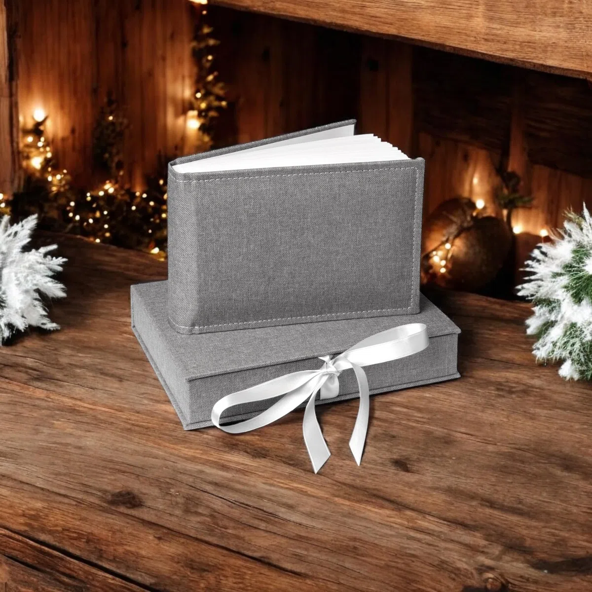 Álbum de fotos de 20 x 15 cm con funda de tela gris, 25 x 20 cm, caja con álbum
