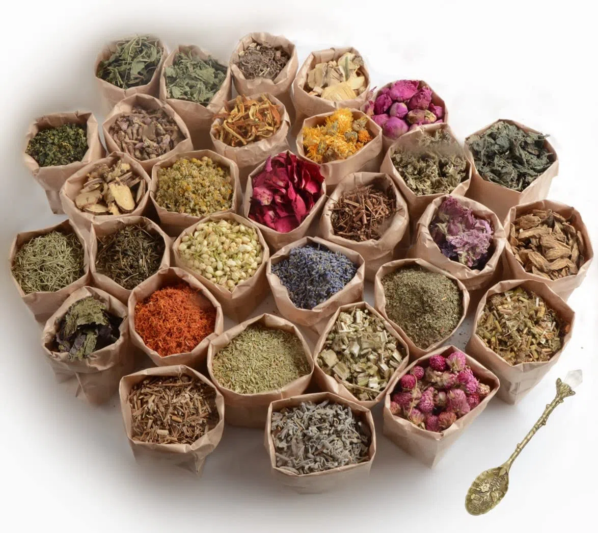 Hierbas secas para suministros de brujería y herramientas para la protección hechizos mágicos de hierbas Wicca - 30 hierbas para suministros de altar de wicca - hierbas secas con cuchara de cristal