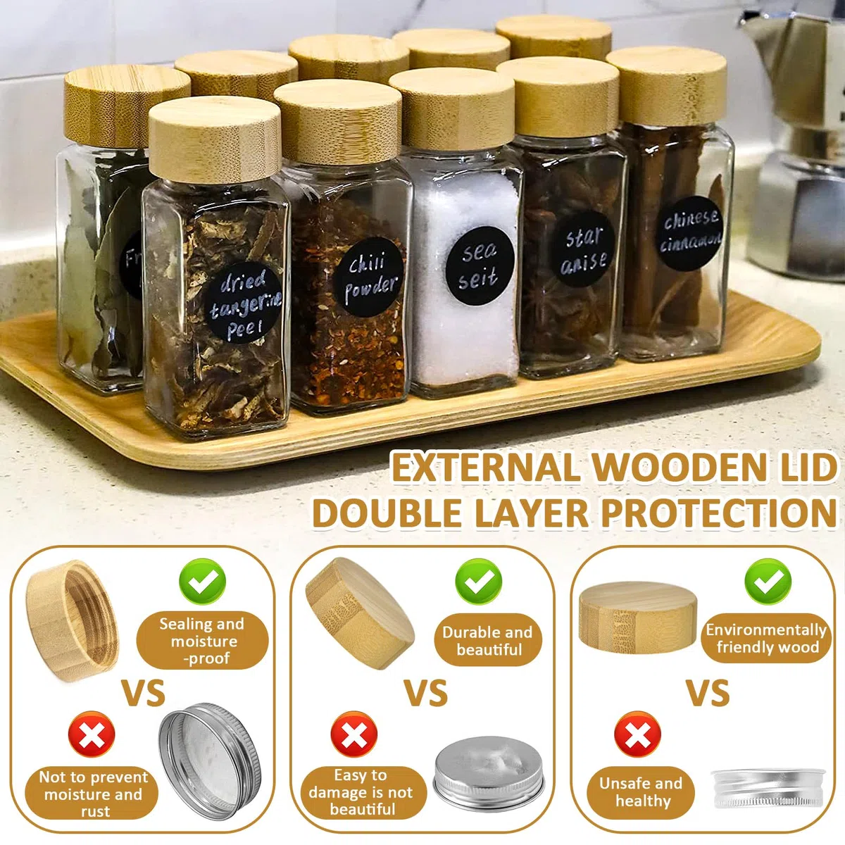 FAMKEEP 24pcs Botes Especias Cristal,Cuadrado Spice Jars con Tapa de Madera, Tarros Especias incluir Embudo,Tamiz,Etiqueta para Especias y Bolígrafo