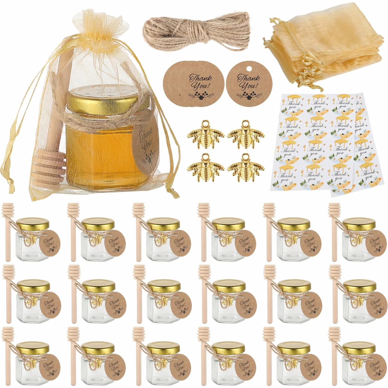 20 paquetes de latas de miel de vidrio de 45ml,Botecitos Para La Miel,con cucharas,colgantes de abejas,bolsas de regalo,tarjetas de agradecimiento,pegatinas,perfecto para baby shower,recuerdos de boda