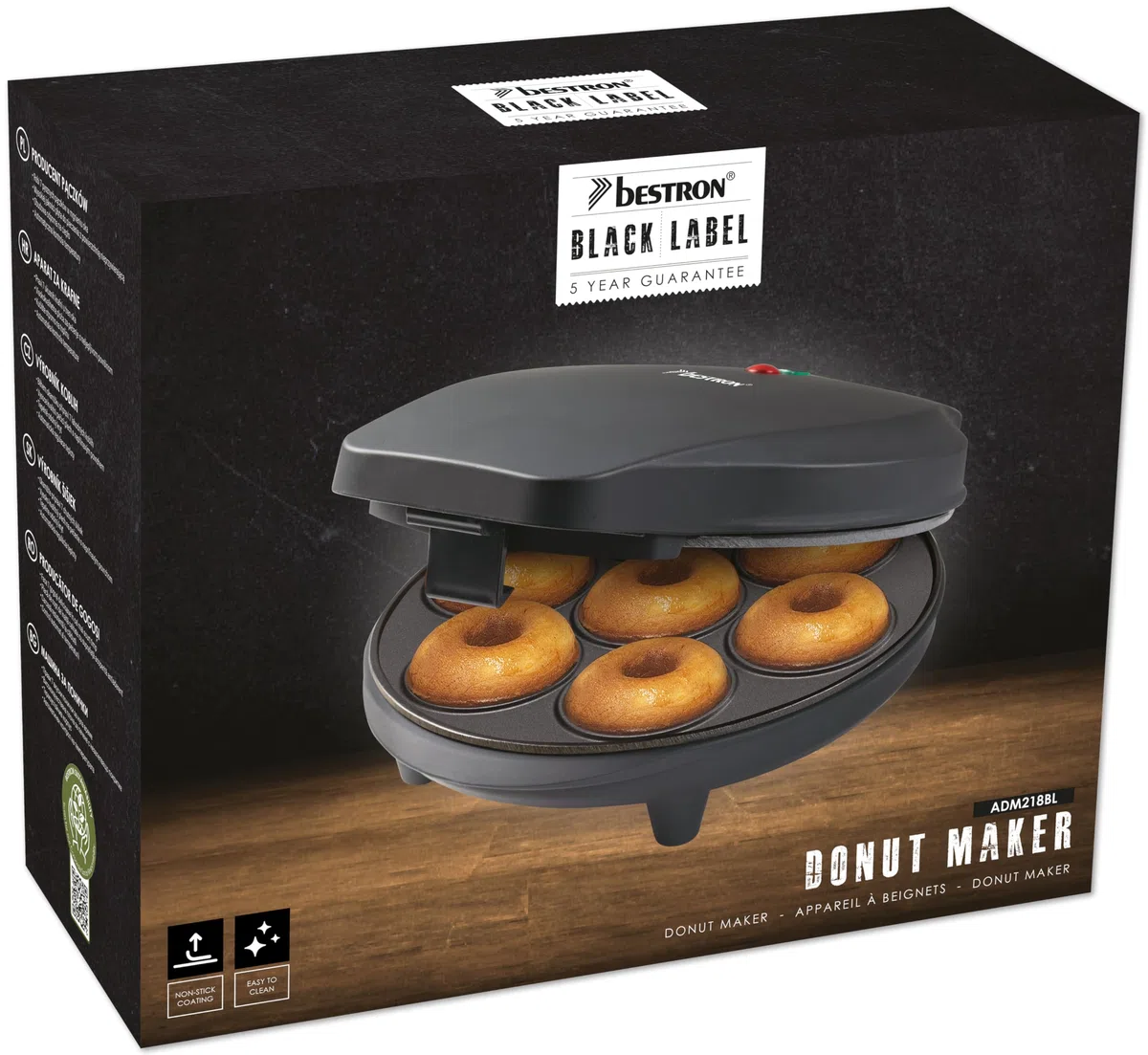 Bestron Donut Maker, mini donut maker eléctrica para 7 pequeños donuts, incl. semáforo de cocción y revestimiento antiadherente, 700 vatios, Color: Negro Mate