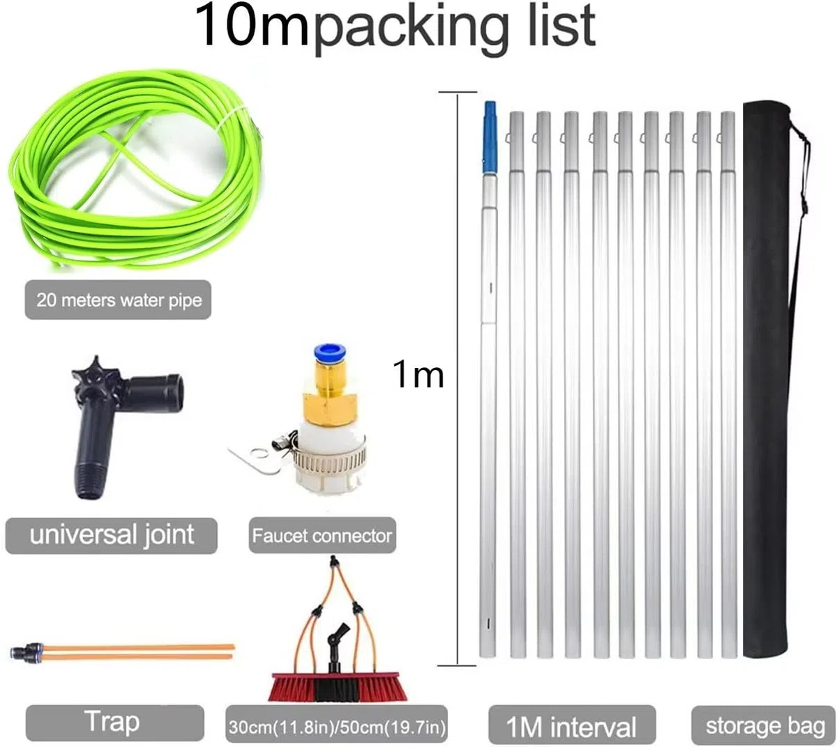 Kit de limpieza de ventanas de 10 m: cepillo alimentado con agua, plumero de telaraña, paños de microfibra, poste extensible, perfecto para limpieza sin rayas y zonas de difícil acceso.