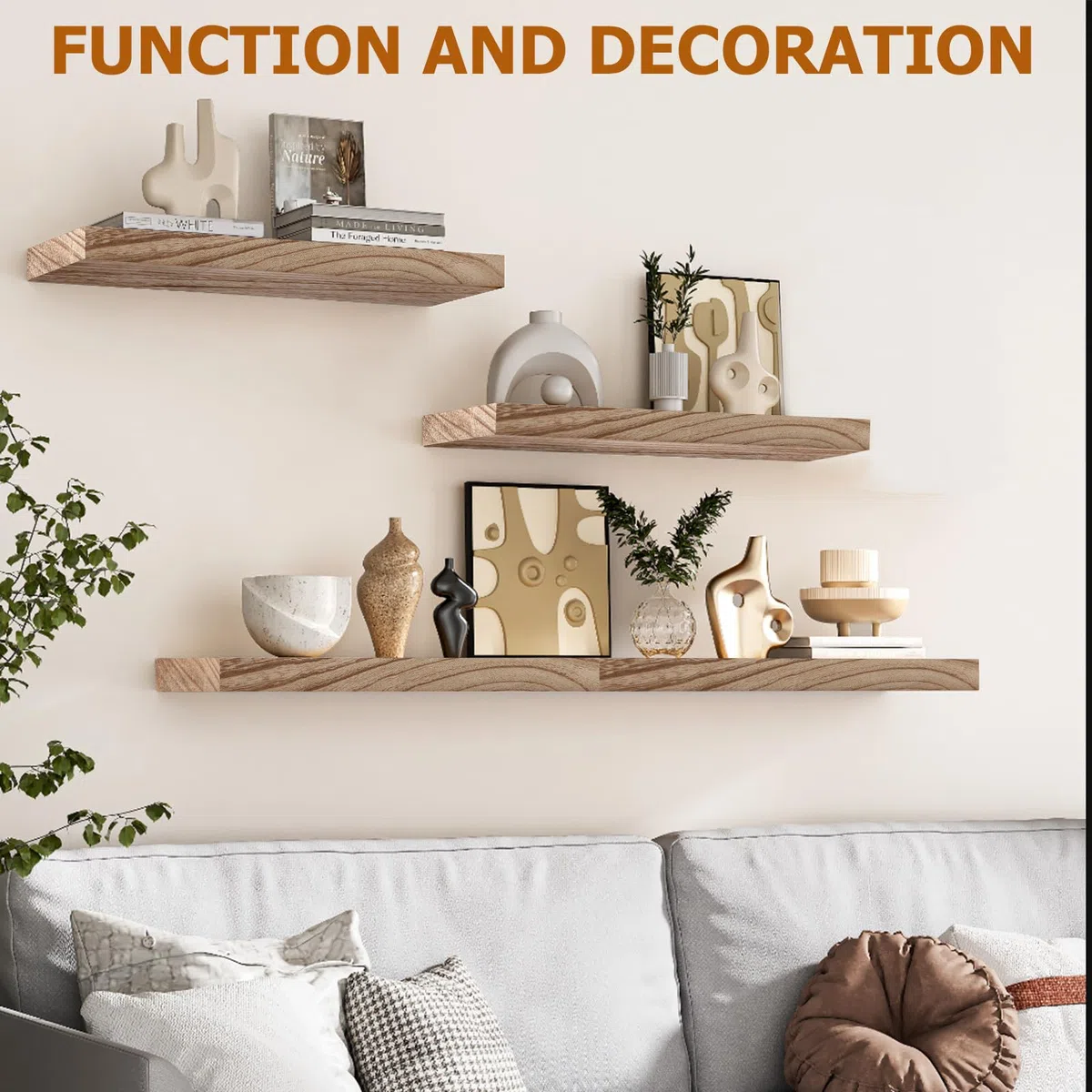4 Piezas Estanteria Pared, Estante de Pared de Madera de 40 cm, Estante Colgante Paulownia, Estante Flotante, Apto para Salón, Cocina, Baño (Marrón Claro)