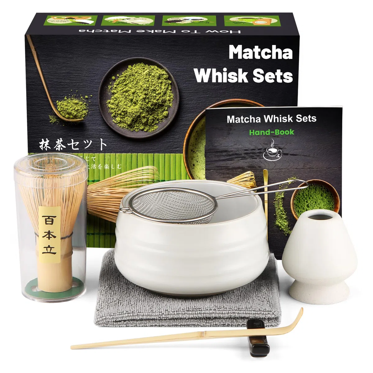 matcha Set de 7 piezas, broom, tea set con cucharilla, soporte para batidora, escoba, pala y tamiz, accesorios tradicionales de ceremonia japonesa de té, mejor regalo, blanco