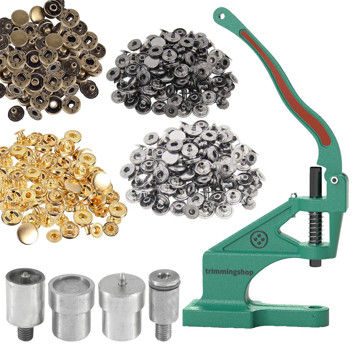 Trimming Shop Juego de 400 botones de presión de resorte S de 15 mm, botones de metal sin coser con troqueles de fijación y prensa manual de máquina verde para manualidades, bolsos, cinturones,