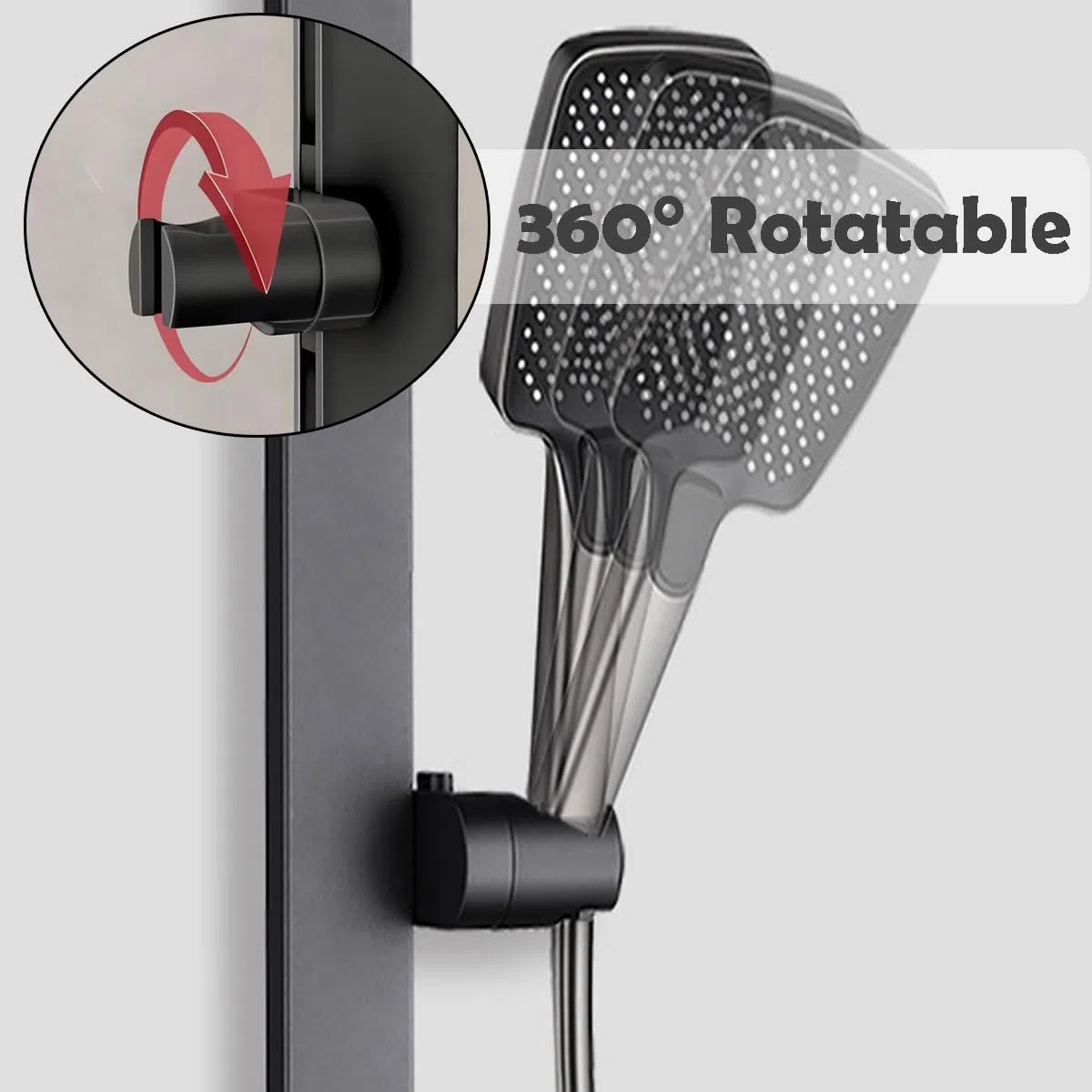 Barra elevadora cuadrada de ducha de 60/70/80 cm, barra deslizante de ducha con soporte giratorio de 360°, kit de riel deslizante de ducha de aluminio montado en la pared (80 cm, negro)