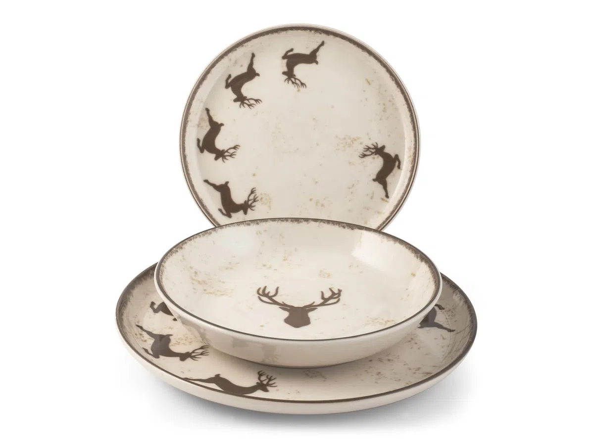 H&H Juego de Mesa Navidad 12 Piezas Wild Mocha en Gres - Platos Planos, Sopas y Postres con Diseño Tradicional y Acogedor, Ideal para Celebraciones Invernales y Festividades