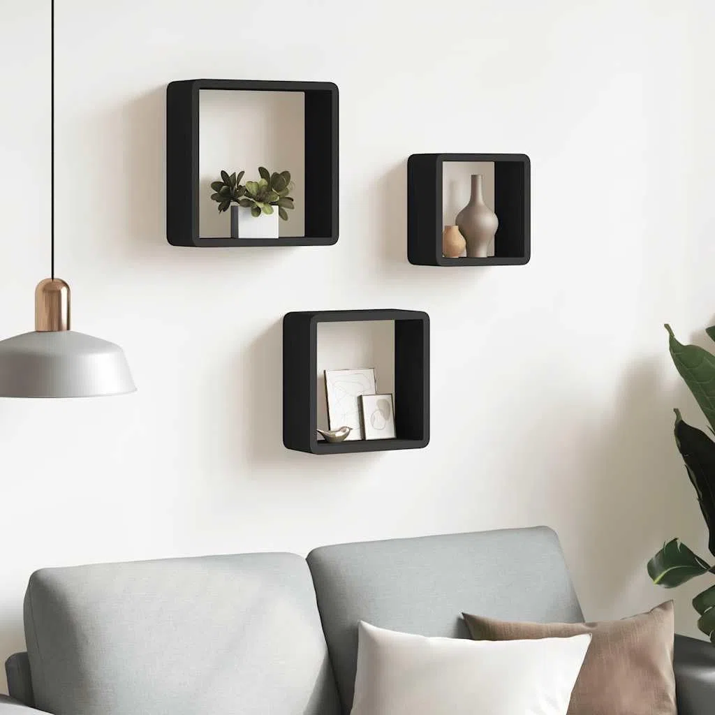Juego de 3 estantes de pared flotantes de madera de densidad media para decoración y libros, estantes colgantes cuadrados con soporte invisible, 3 tamaños diferentes para salón y pasillo