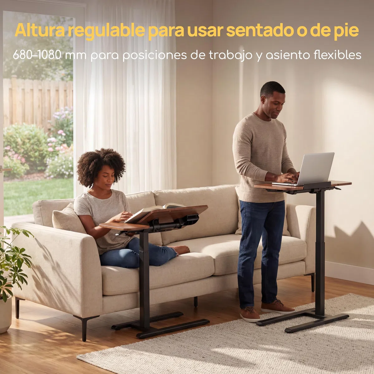 Viviendo Mesa Auxiliar para Cama con Ruedas, Marrón, Regulable en Altura 68–108 cm con Pistón de Gas, Mesa para Ordenador Portátil con Tablero Inclinable, para Cama, Sofá y Oficina, 70 x 40 cm