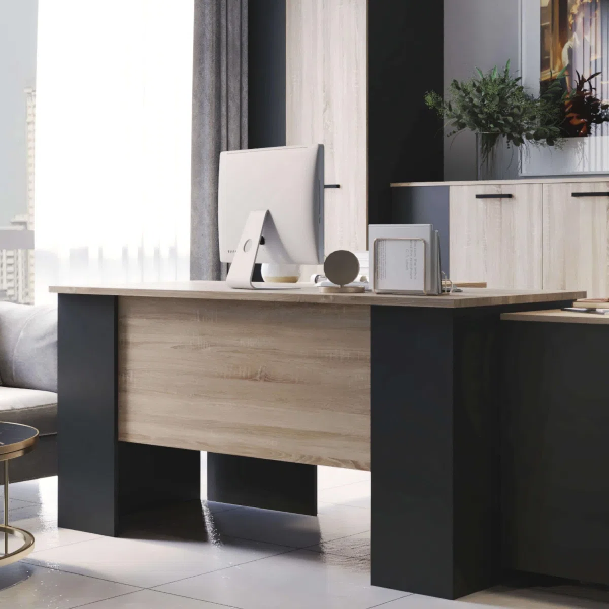 Miroytengo Mesa de Escritorio Oficina Nibis Estilo Industrial Color Roble Sonoma y Gris Antracita 140 cm