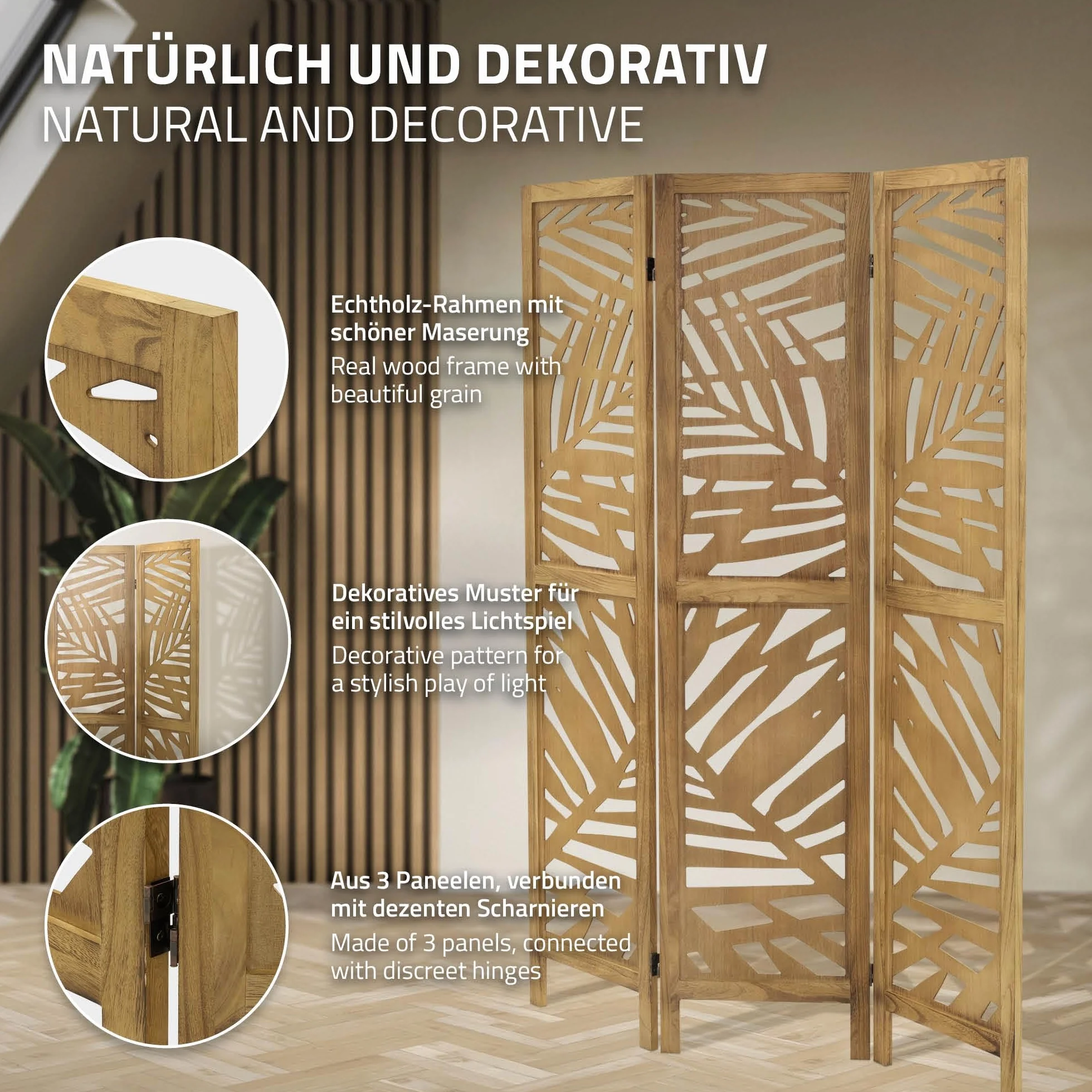 ML-Design Biombo Divisorio de 3 Paneles Modelo Kyoto de Madera Natural 170 x 121 cm, Separador de Ambientes Plegable para Interiores, Mampara Independiente para Vestuarios, Pantalla de Privacidad
