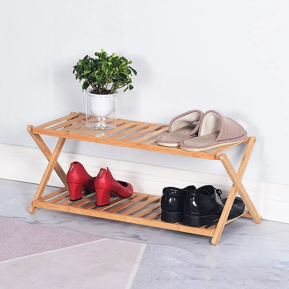 Zapatero de bambú de 2 niveles, zapatero plegable portátil, perfecto para pasillos, dormitorios y espacios pequeños